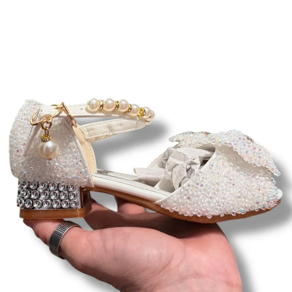 NIB SaiBeiji Kids Girls White Sparkle Bow Pearl Strap Dress Shoes Sz 11.5